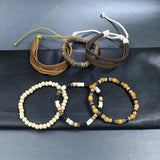 Vintage Braided Wrap Beaded Bracelets Set Multiple Layers Leather Wristbands