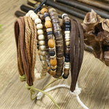 Vintage Braided Wrap Beaded Bracelets Set Multiple Layers Leather Wristbands