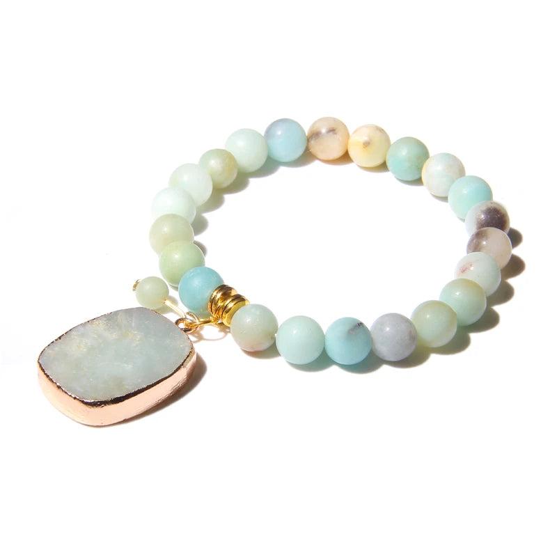 Natural Stone Beads Bracelet with Water Droplet Pendant - Elastic Rope Bracelet