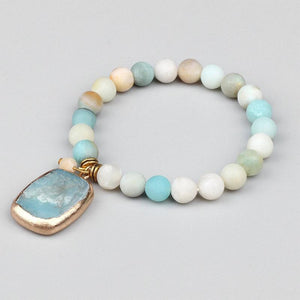Natural Stone Beads Bracelet with Water Droplet Pendant - Elastic Rope Bracelet