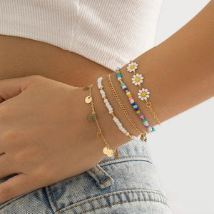 Bohemia Bead Sun Flower Chain Bracelets Set Women Elastic Wristband Bangles Y2K