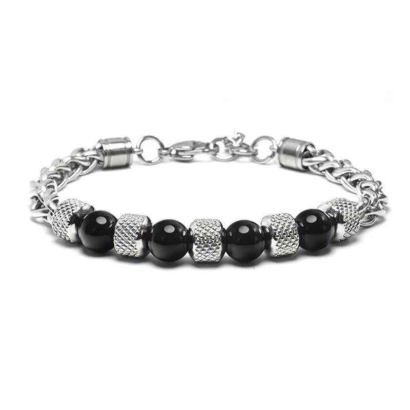 Men's Stainless Steel Beads Chain Bracelet Tiger Eye Stone