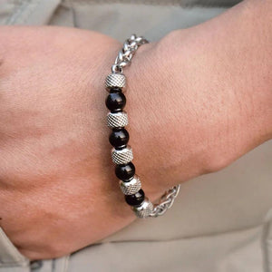 Men's Stainless Steel Beads Chain Bracelet Tiger Eye Stone
