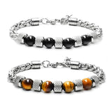 Men's Stainless Steel Beads Chain Bracelet Tiger Eye Stone