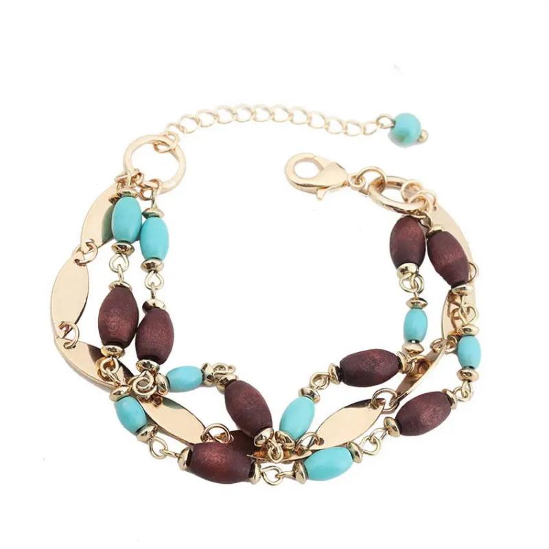 Layered Wood Bead Bracelets with Turquoise Stone Strand
