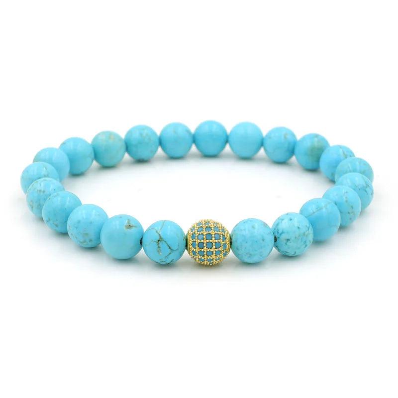 Micro Pave Kallaite CZ Turquoise Beaded Bracelet 6.5-8 Inches