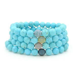 Micro Pave Kallaite CZ Turquoise Beaded Bracelet 6.5-8 Inches