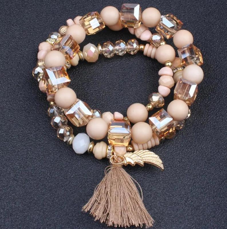 Crystal Beaded Bracelet Set with Tassel Charms for Women