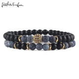 Natural Stone Beads Bracelet with Micro Pave CZ Disco Copper Ball Charms