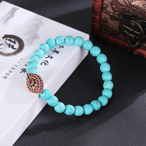 Green Pine Stone Beads Bangle with Red Zircon Eyes Bracelet