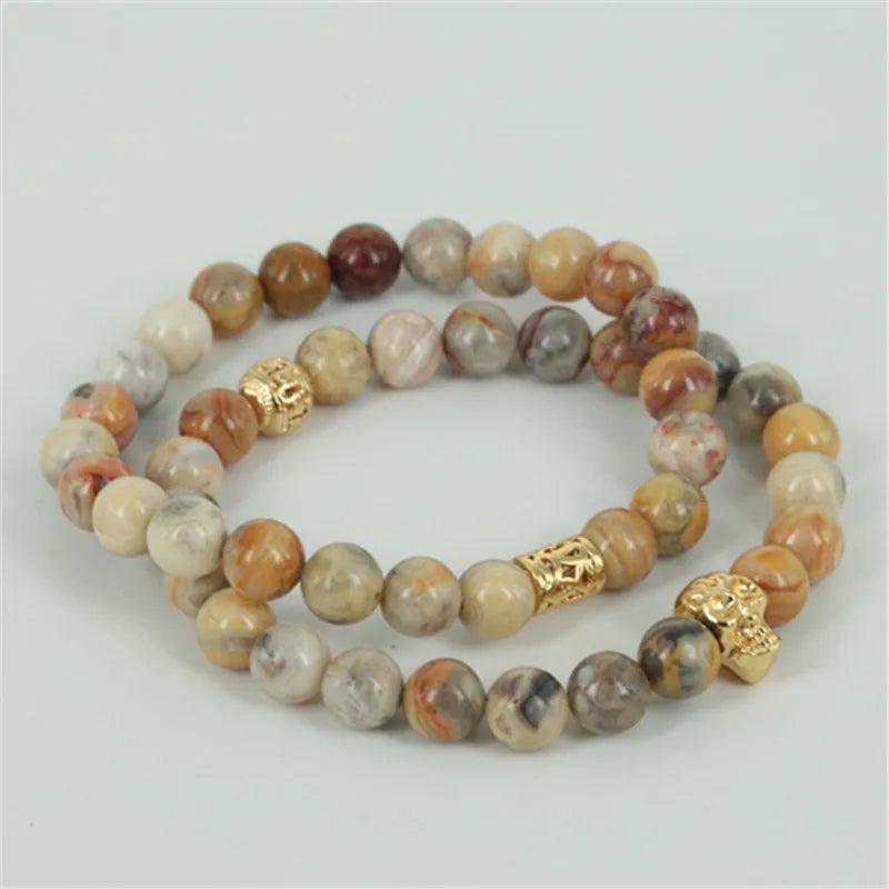 Natural Crazy Stone Beaded Bracelet with Skull Head Charm