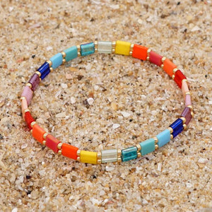 Rainbow Simplicity Beaded Bracelet Hand Knit Stretch Bohemian