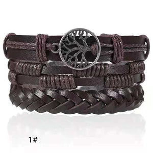 Men'S Woven Leather Bracelets Alloy Tree Of Life Multilayer Wide Wrap Jewelry