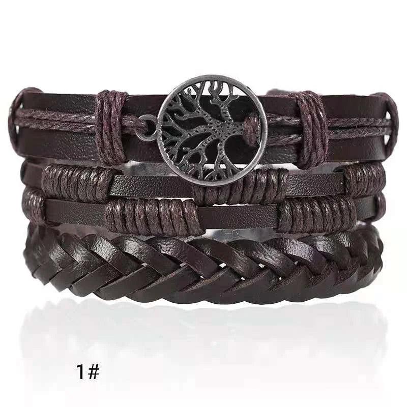 Men'S Woven Leather Bracelets Alloy Tree Of Life Multilayer Wide Wrap Jewelry