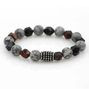 Natural Map Stone Beaded Bracelet Stainless Steel Men's Jewelry