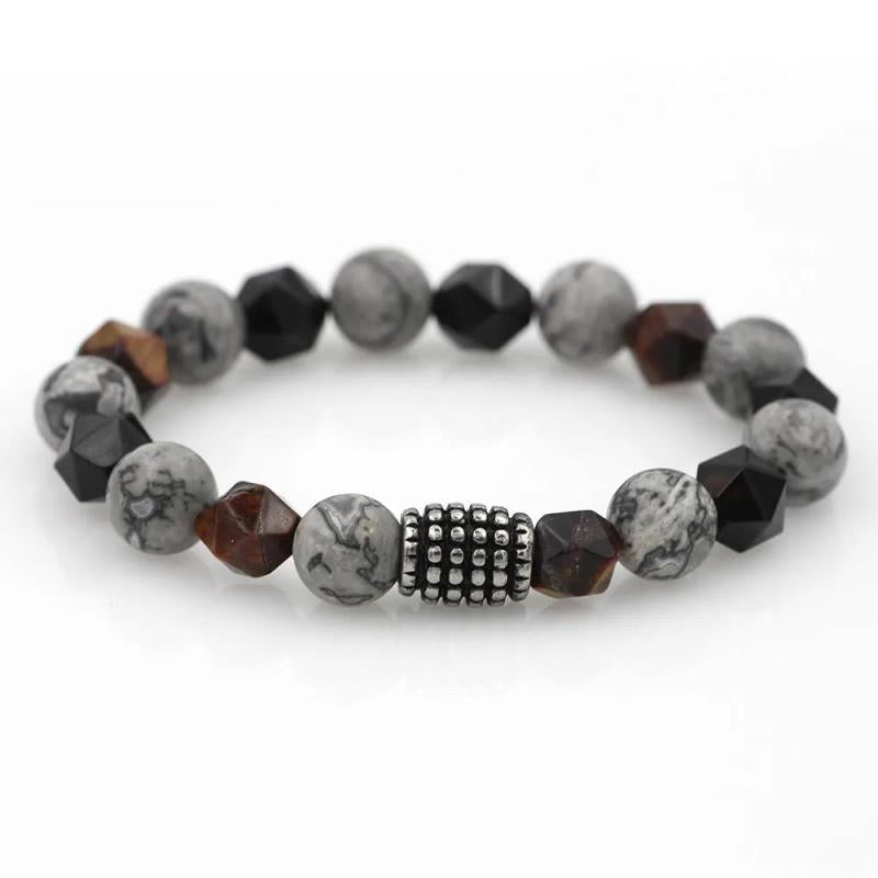 Natural Map Stone Beaded Bracelet Stainless Steel Men's Jewelry