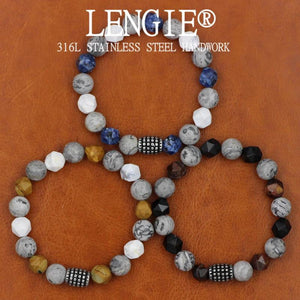 Natural Map Stone Beaded Bracelet Stainless Steel Men's Jewelry