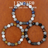 Natural Map Stone Beaded Bracelet Stainless Steel Men's Jewelry