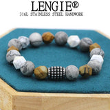 Natural Map Stone Beaded Bracelet Stainless Steel Men's Jewelry