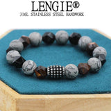 Natural Map Stone Beaded Bracelet Stainless Steel Men's Jewelry