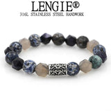 Natural Map Stone Beaded Bracelet Stainless Steel Men's Jewelry