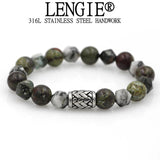 Natural Map Stone Beaded Bracelet Stainless Steel Men's Jewelry