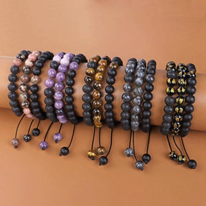 3pcs Natural Stone Braid Bracelets 8mm Beads Adjustable Rope Woven Bracelets
