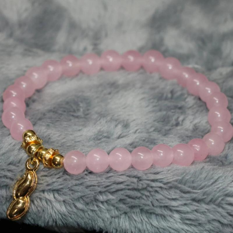 Natural Pink Jade Chalcedony Beaded Bracelet 7.5in