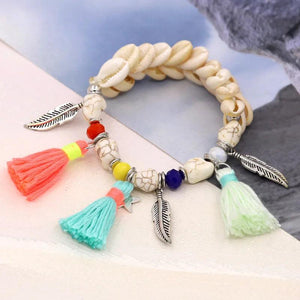 Boho Shell Tassel Stone Bead Charm Bracelet