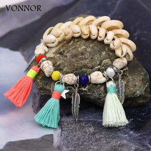 Boho Shell Tassel Stone Bead Charm Bracelet