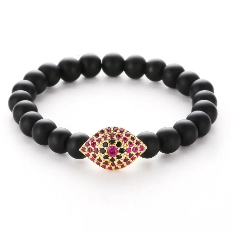 Pumice Stone Buddha Beads Bracelet Copper Micro Zircon Eyes Shape Elastic Bangle