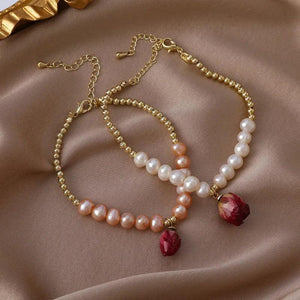 Baroque Freshwater Pearl Bracelet with Dried Flower Pendant Necklace