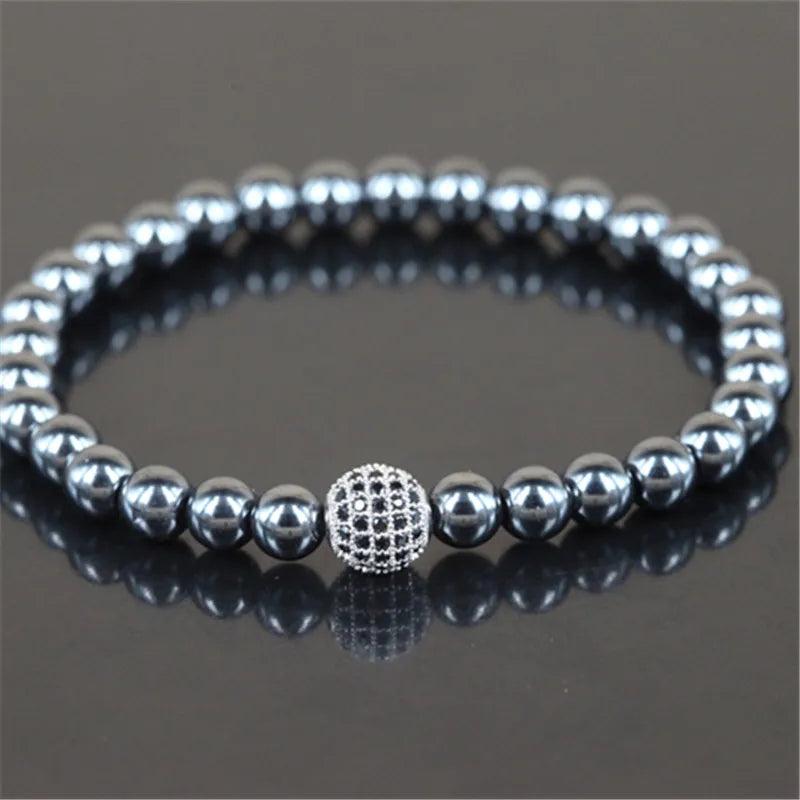 6mm Iron Ore Round Stone Beads Bracelet with Microscope Beads Charm