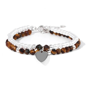 Natural Stone Double Layer Bracelet Faceted Beads Heart Charm