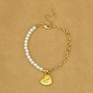 Pearl Bracelet with Heart Mom Pendant, Gift for Mom