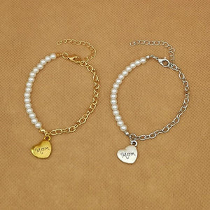 Pearl Bracelet with Heart Mom Pendant, Gift for Mom