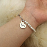 Pearl Bracelet with Heart Mom Pendant, Gift for Mom