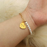 Pearl Bracelet with Heart Mom Pendant, Gift for Mom