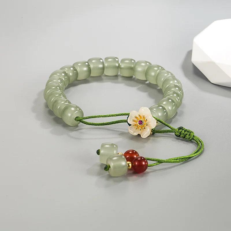 Hetian Jade Bracelet Flower Tassels Green Rope Retro Birthday Gift