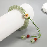 Hetian Jade Bracelet Flower Tassels Green Rope Retro Birthday Gift