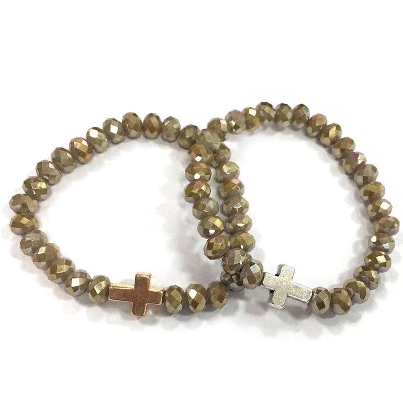 8mm Crystal Glass Beads Bracelet with Cross Charm