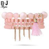 BOJIU Crystal Resin Beaded Charm Bracelet Set For Women Bohemia Tassel Bracelets