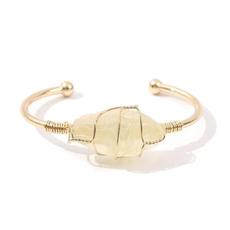 Irregular Citrine Stone Healing Crystal Bracelet Wire Wrapped Cuff for Women