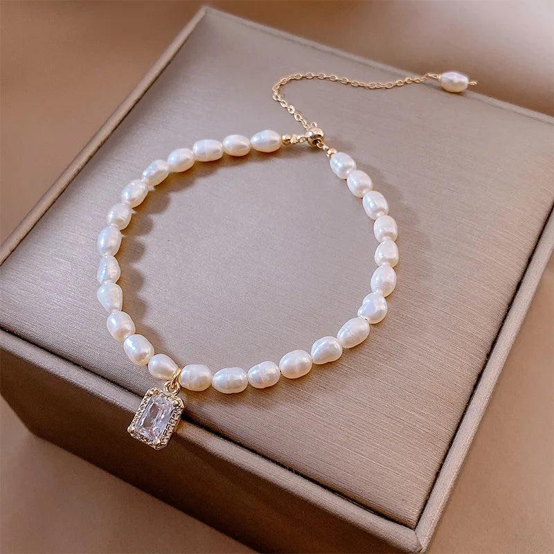 Vintage Natural Pearl Jewelry Bracelet Crystal Pendant Charm Girl Gift