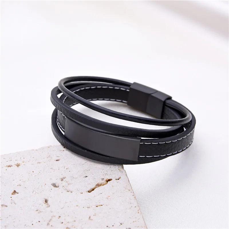 Stainless Steel Leather Rope Wrap Bracelets Couples Bangles