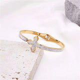 Women's Stainless Steel Cross Bangle Bracelet with Zircon Inlay