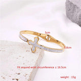 Women's Stainless Steel Cross Bangle Bracelet with Zircon Inlay