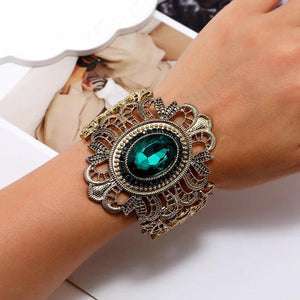 Vintage Green Crystal Bangles Bracelet For Women Cuff Elasticity Adjustable