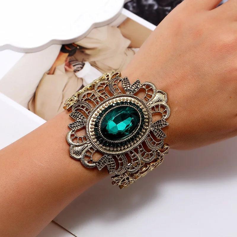 Vintage Green Crystal Bangles Bracelet For Women Cuff Elasticity Adjustable