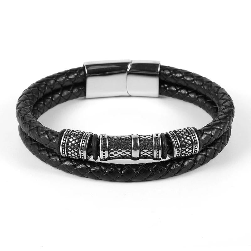 Men Double Layers Leather Cord Bracelets Retro Stainless Steel Tube Charm